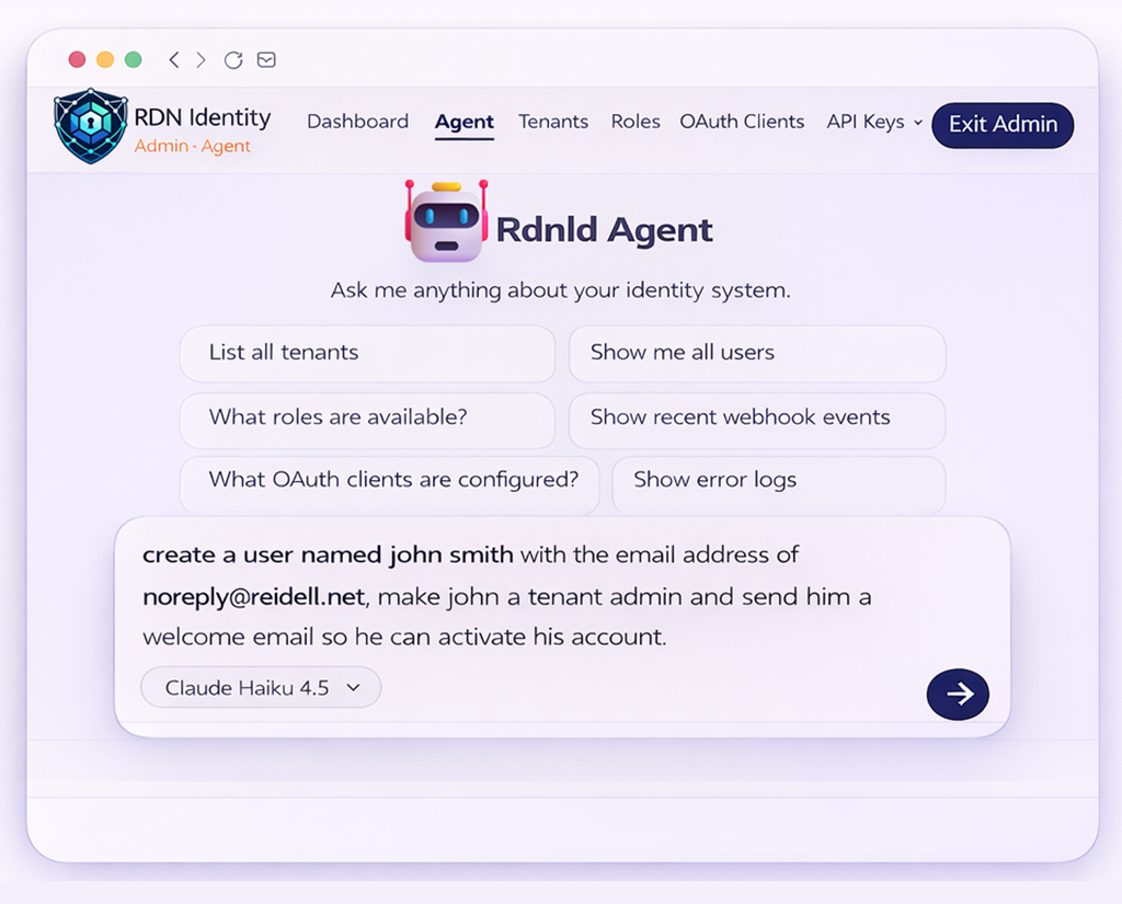 RdnId Agent chat interface with suggestion buttons and model selector