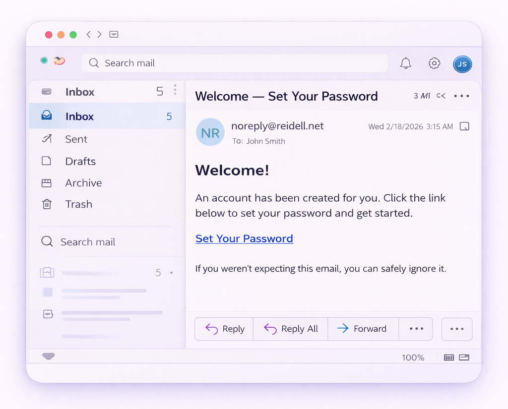 Welcome email from noreply@reidell.net with a secure activation link
