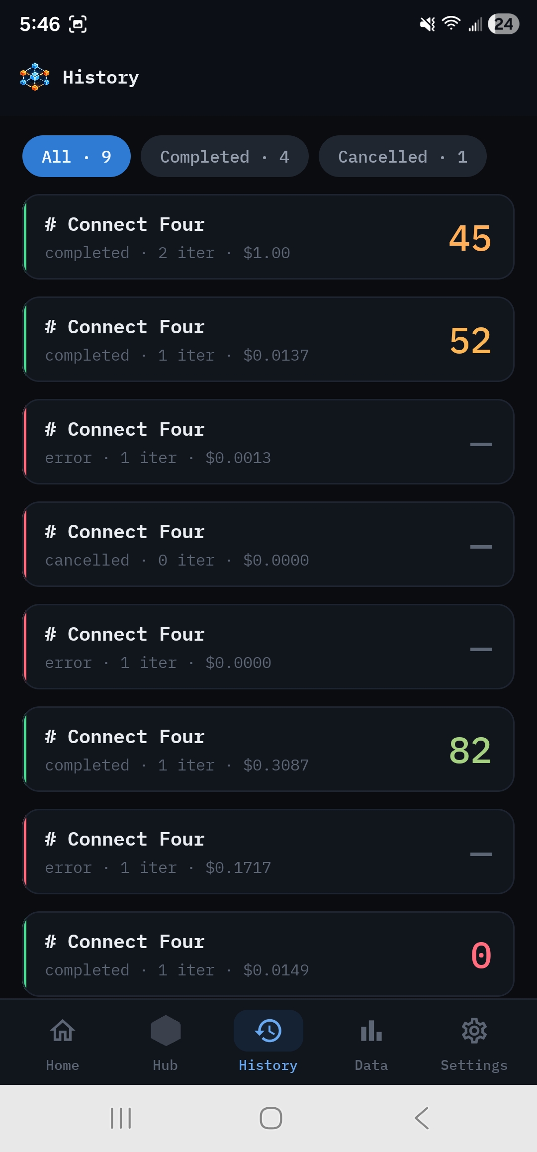 History tab with chip filters over past runs