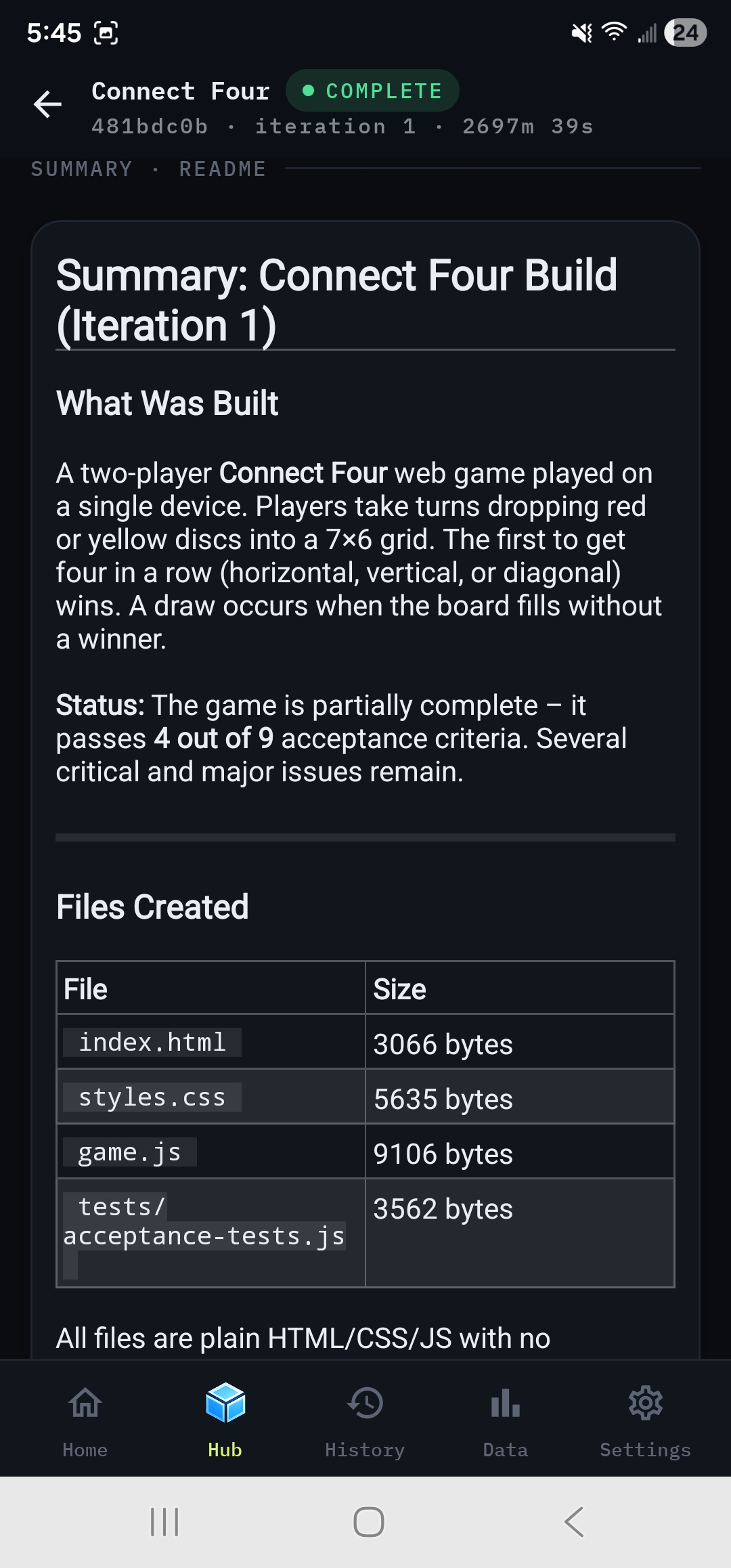 Hub Run > Summary tab, Markwon-rendered markdown