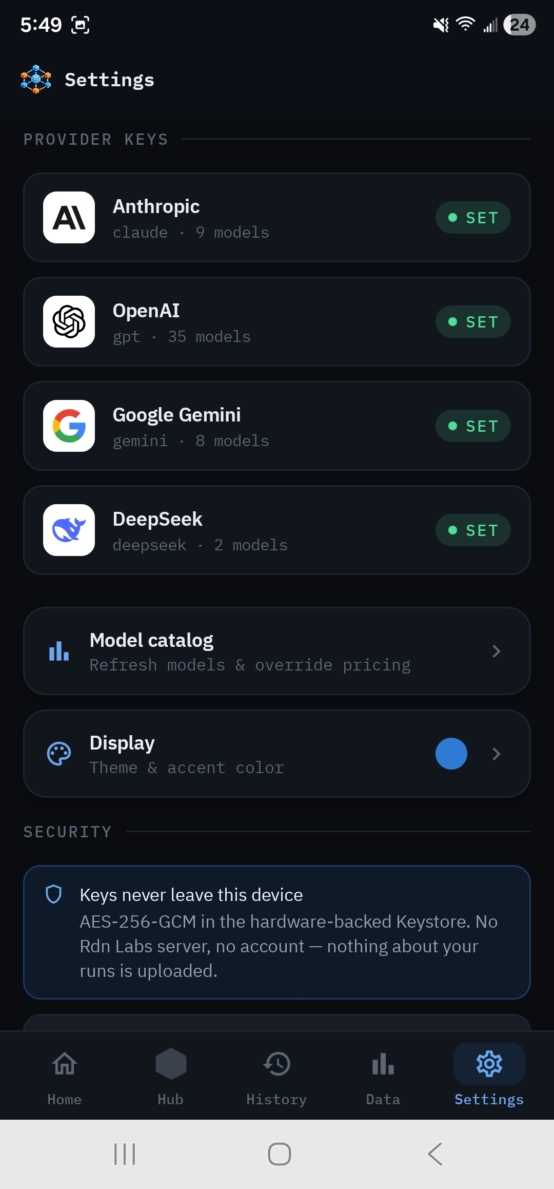 Settings overview, provider keys, model catalog, display, and on-device security card